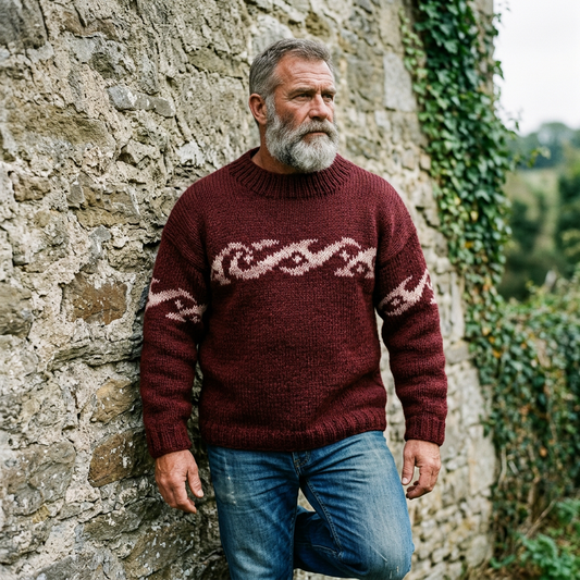Burgundy Ocean Wave Intarsia Crewneck
