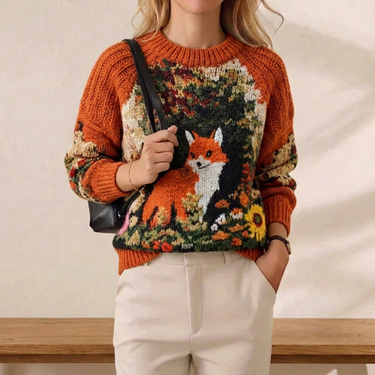 Burnt Orange Woodland Fox Intarsia Floral Crew Neck Sweater