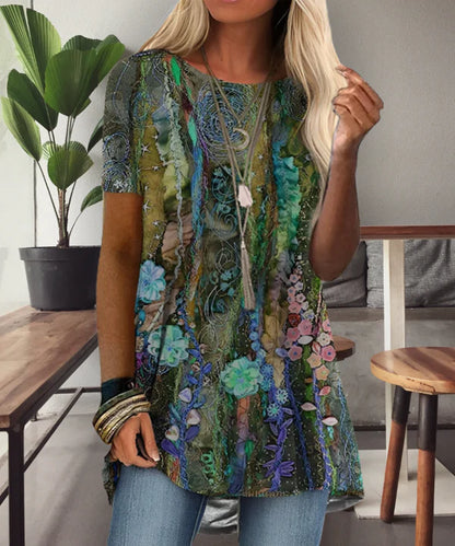 Floral Print Short Sleeve Tunic With Paisley Design