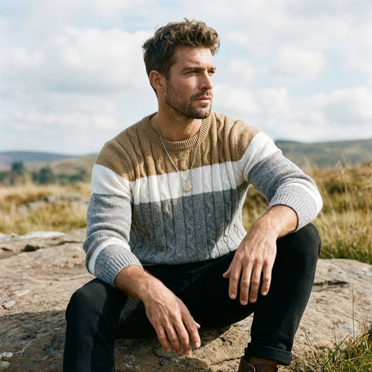 Camel & Grey Colorblock Cable Knit Crewneck