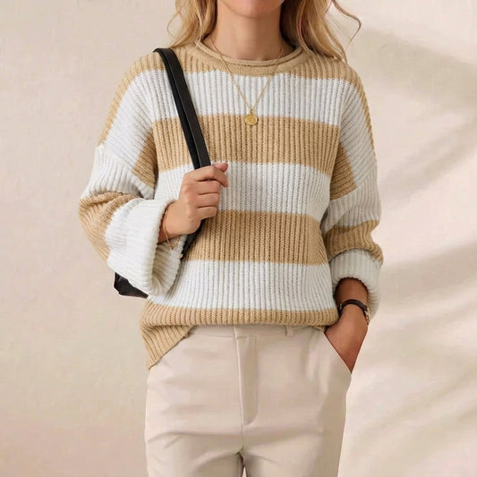 Camel & Ivory Bold Stripe Ribbed Oversized Crew Neck Sweater