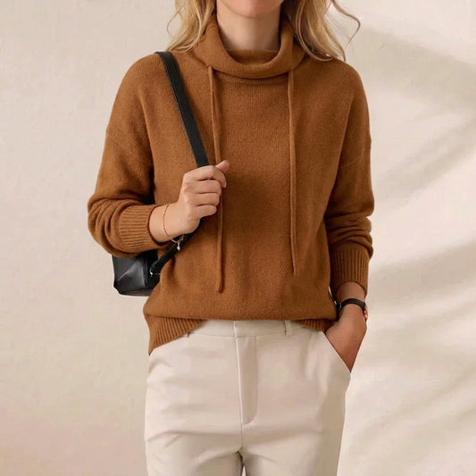 Caramel Drawstring Cowl Neck Knit Pullover