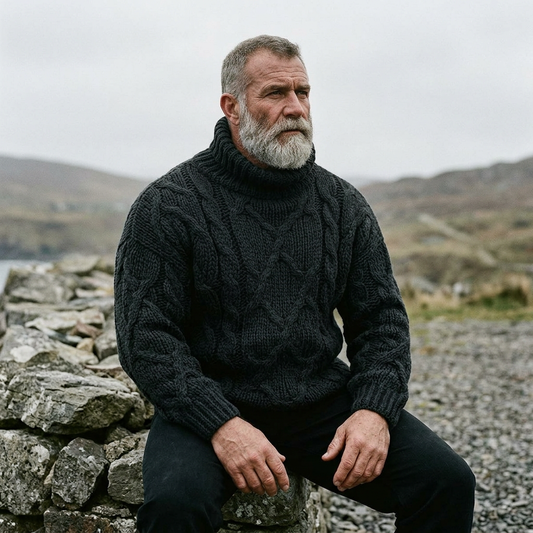 Charcoal Black Chunky Aran Cable Knit Turtleneck