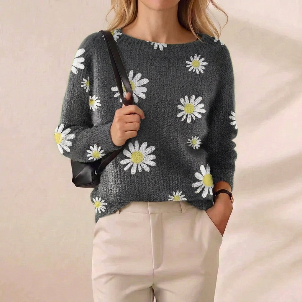 Charcoal Daisy All Over Intarsia Fluffy Crew Neck Sweater