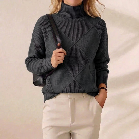 Charcoal Diamond Texture Ribbed Turtleneck Knit Sweater