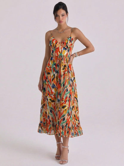 Chiffon Abstract Print Midi Dress With Ruffle Hem