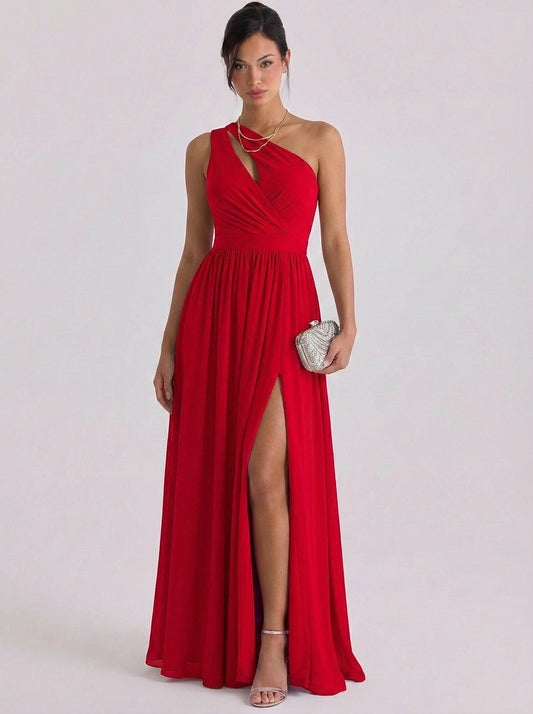 Chiffon Cutout One Shoulder Gown Gathered Waist High Slit