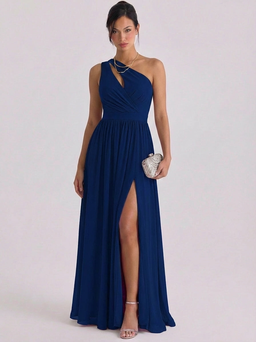 Chiffon Cutout One Shoulder Gown Gathered Waist High Slit