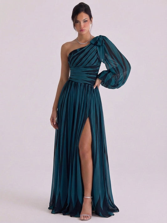 Chiffon Diagonal Stripe One Shoulder Gown Balloon Sleeve High Slit