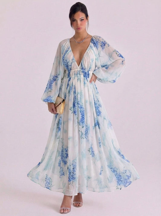 Chiffon Floral Print Deep V Maxi Dress Balloon Sleeve