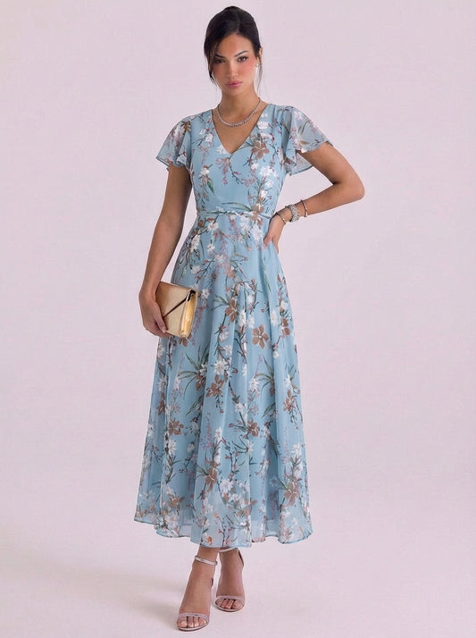 Chiffon Floral Print V Neck Maxi Dress Flutter Sleeve Belted Waist