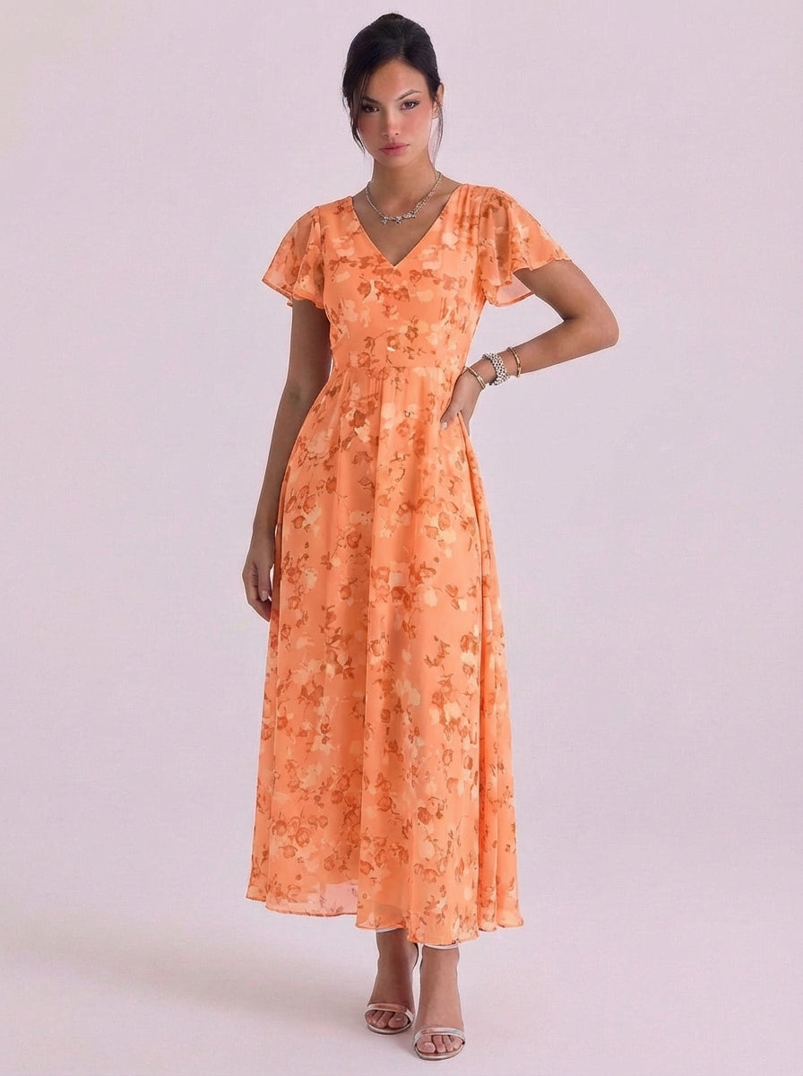 Chiffon Floral Print V Neck Maxi Dress Flutter Sleeve Belted Waist