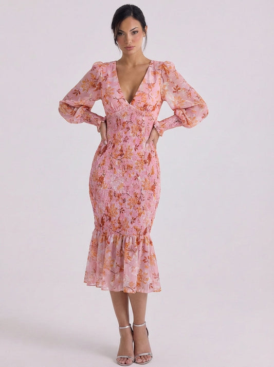 Chiffon Floral Smocked Midi Dress With Puff