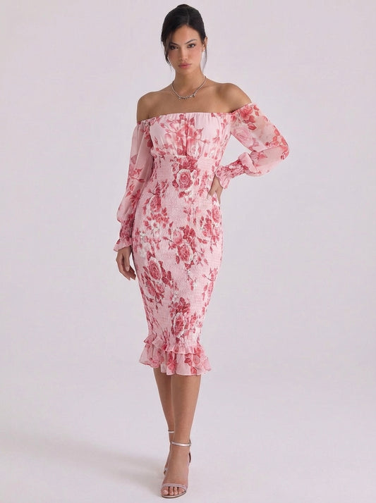 Chiffon Off Shoulder Floral Midi Dress With Smocked Waist