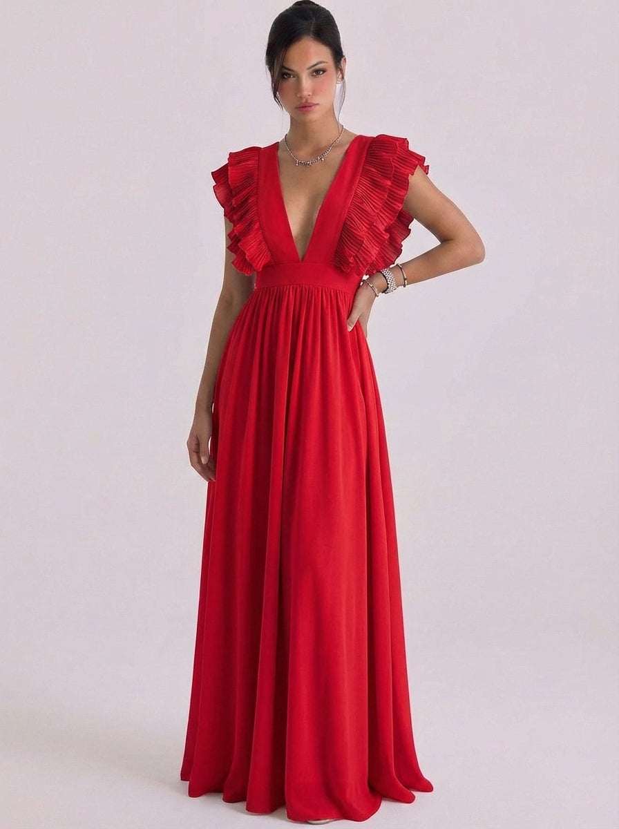 Chiffon Pleated Ruffle Deep V Maxi Gown Cap Sleeve