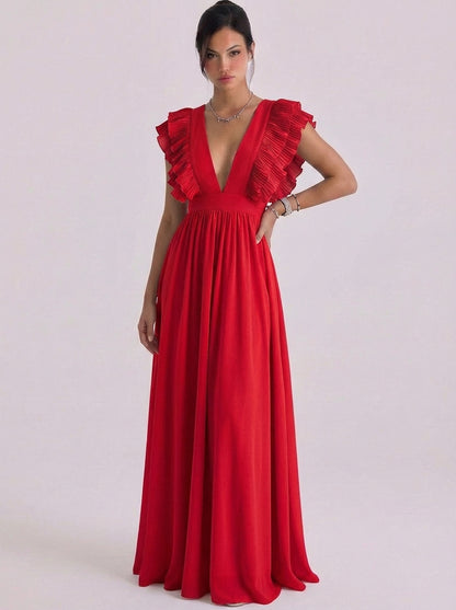 Chiffon Pleated Ruffle Deep V Maxi Gown Cap Sleeve