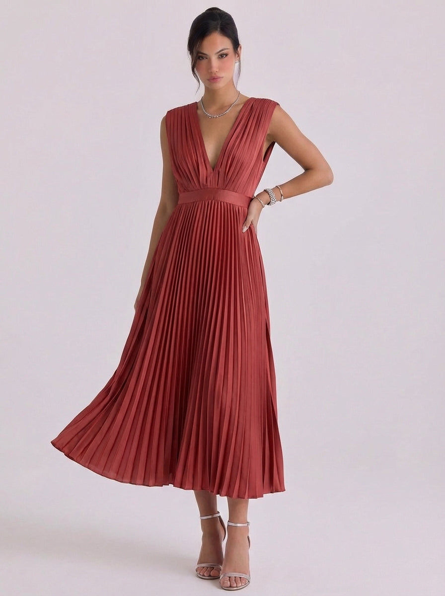 Chiffon Pleated V Neck Midi Dress
