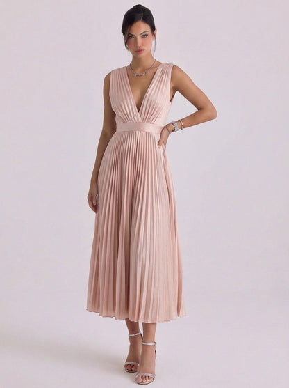 Chiffon Pleated V Neck Midi Dress