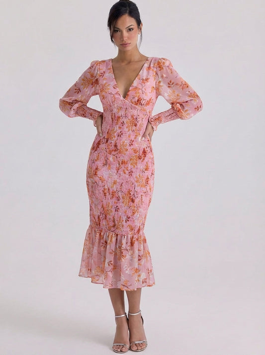 Chiffon Smocked Floral Midi Dress With Ruffle Hem