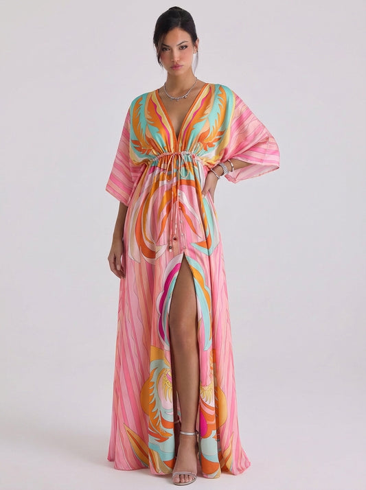 Chiffon Swirl Print Deep V Maxi Dress Kimono Sleeve Button Front High Slit