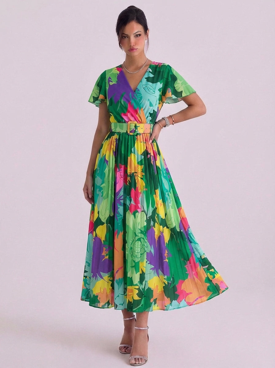 Chiffon Tropical Print Wrap Midi Dress