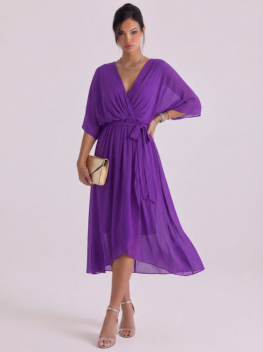 Chiffon Wrap Maxi Dress With Belt Tie