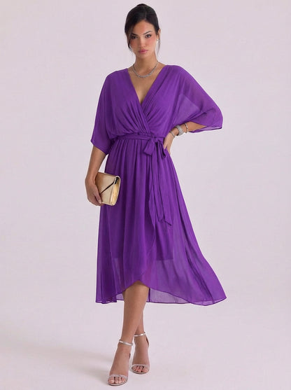 Chiffon Wrap Maxi Dress With Belt Tie