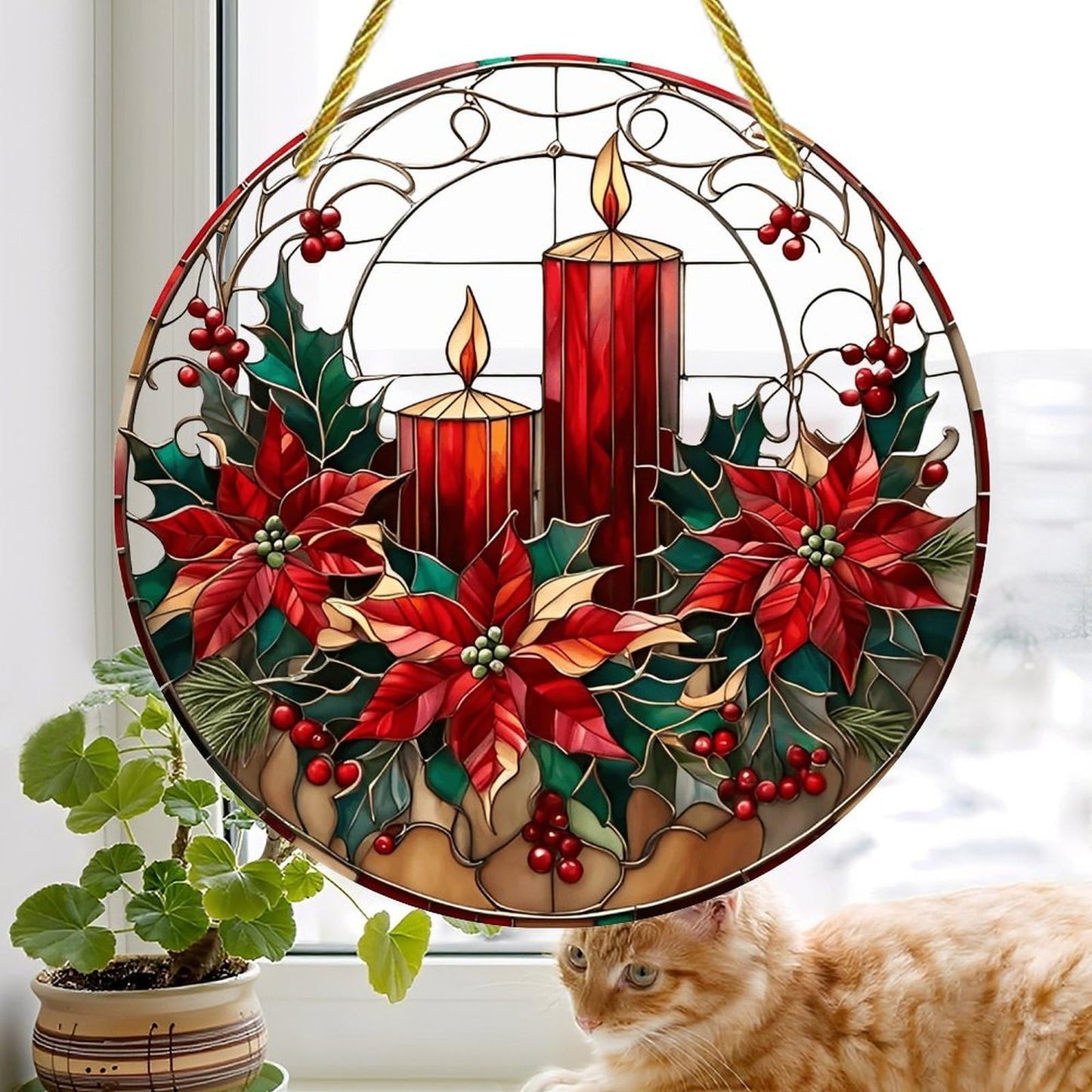 Christmas Poinsettia Candle Wreath Suncatcher