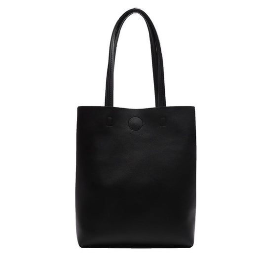 Clean Structured Leather Tote Bag – Tall Minimalist Shoulder Bag With Button Detail