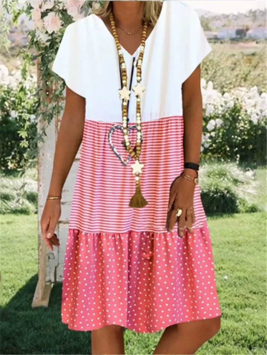 Colorblock Stripe Polka Dot Tiered Dress