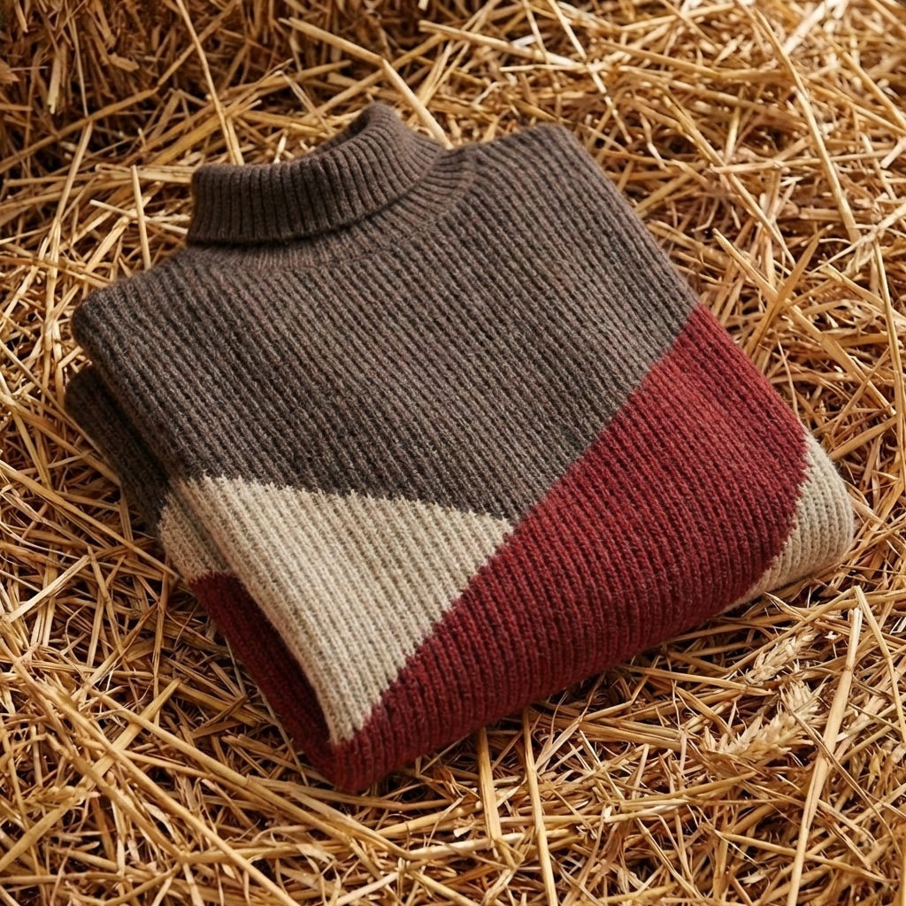 Cotton Turtleneck Sweater with Diagonal Color-Block
