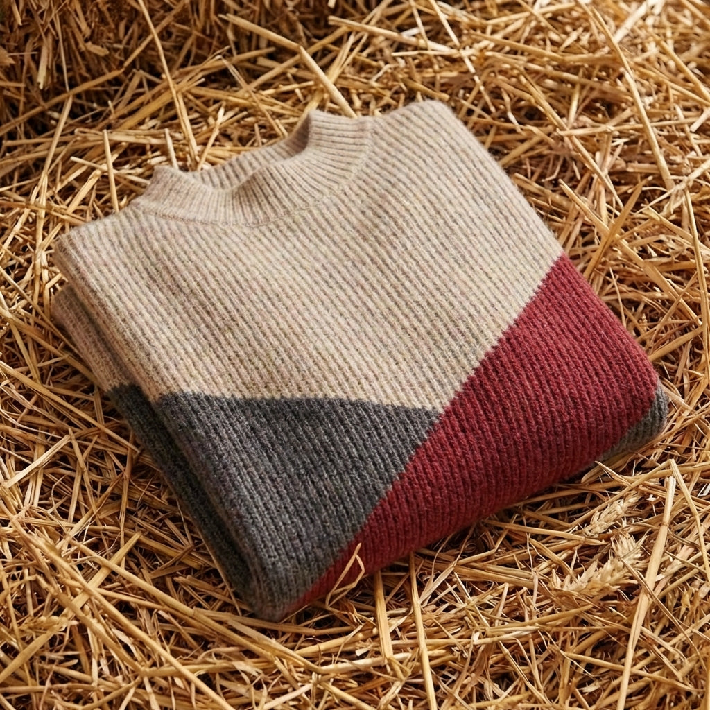 Cotton Turtleneck Sweater with Diagonal Color-Block
