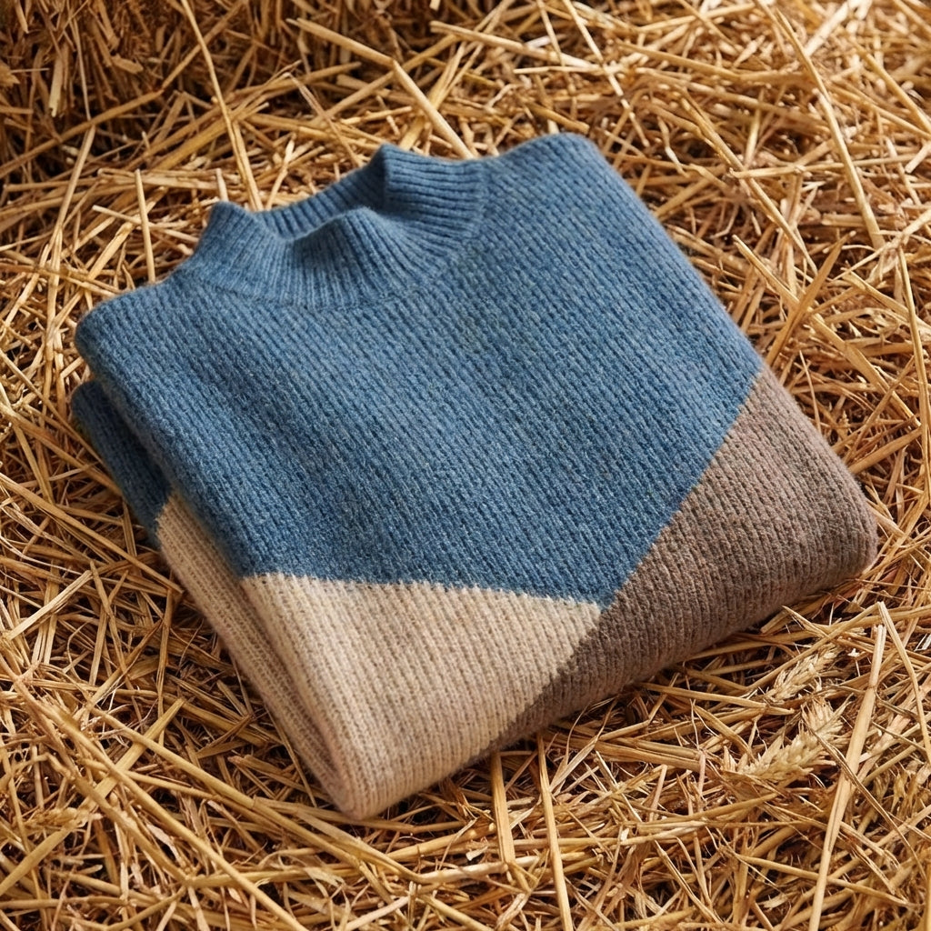 Cotton Turtleneck Sweater with Diagonal Color-Block