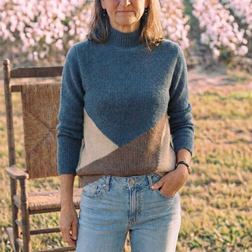 Cotton Turtleneck Sweater with Diagonal Color-Block
