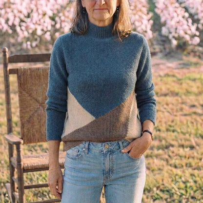 Cotton Turtleneck Sweater with Diagonal Color-Block