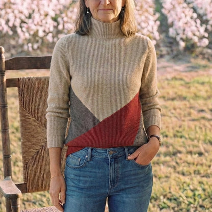 Cotton Turtleneck Sweater with Diagonal Color-Block