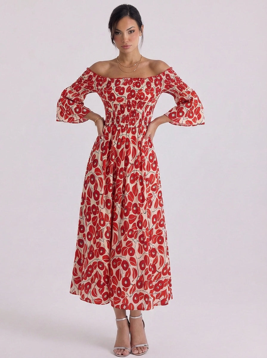 Cotton Abstract Print Off Shoulder Midi Dress Puff Sleeve