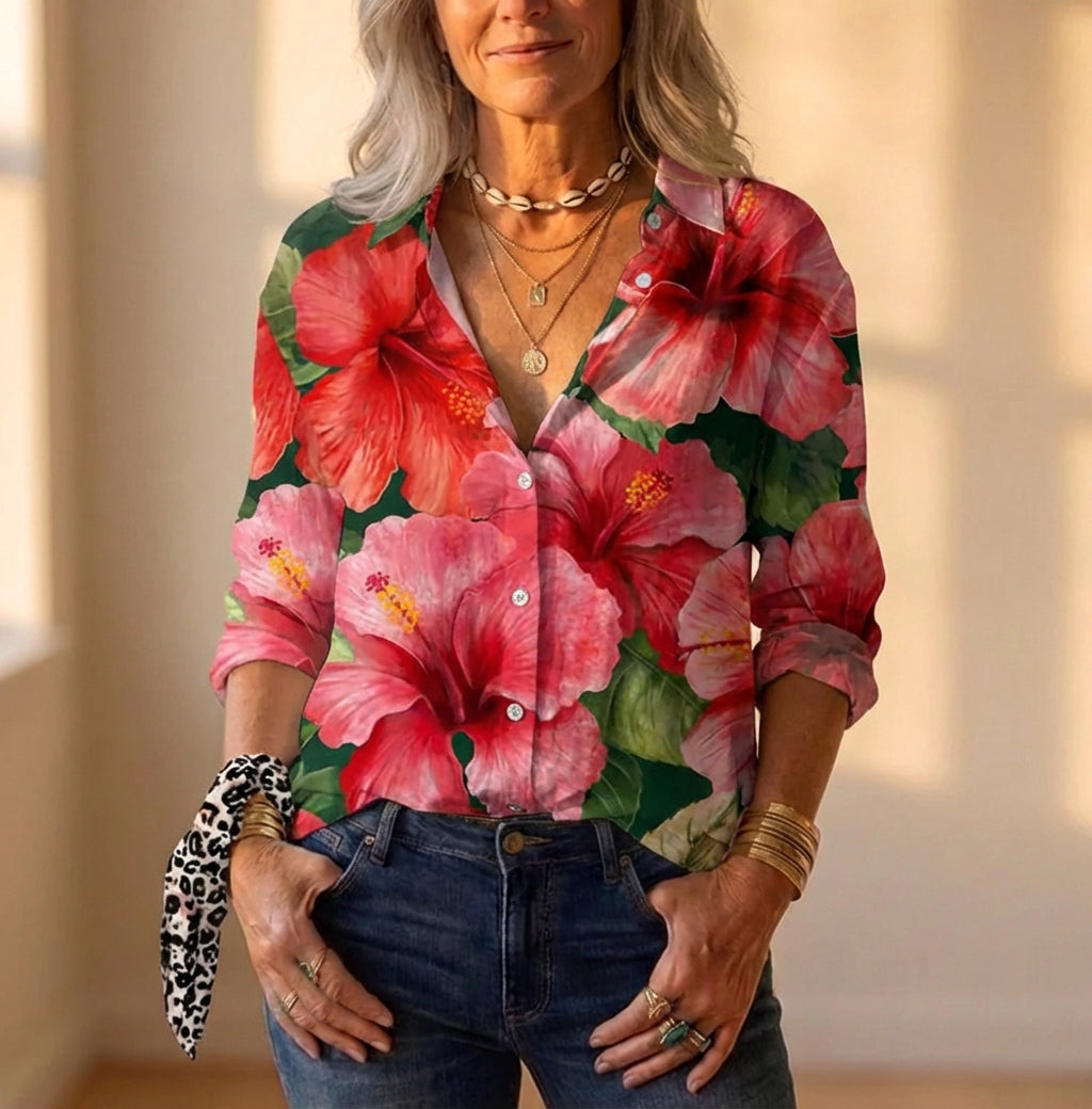 Cotton Blouse With Large Red Hibiscus Flower Print