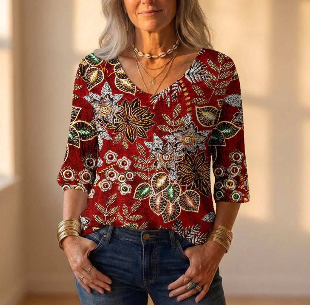 Cotton Blouse With Red And Gold Paisley Embroidery