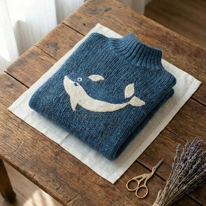 Cotton Chunky Knit Sweater With Embroidered Whale Motif In Ocean Blue