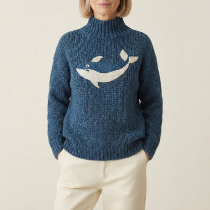 Cotton Chunky Knit Sweater With Embroidered Whale Motif In Ocean Blue