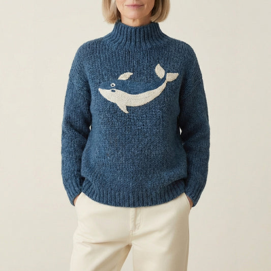 Cotton Chunky Knit Sweater With Embroidered Whale Motif In Ocean Blue