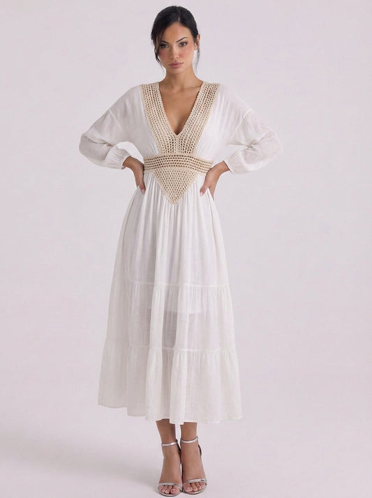 Cotton Crochet Panel Tiered Maxi Dress