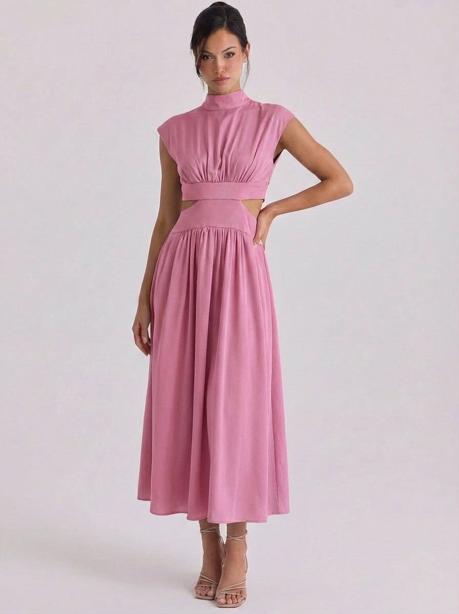 Cotton Cutout High Neck Midi Dress Cap Sleeve Gathered Waist