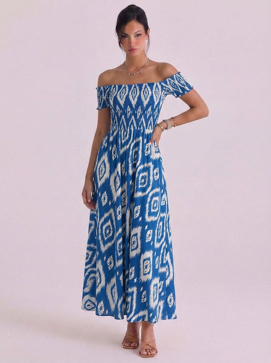 Cotton Ikat Print Off Shoulder Midi Dress Smocked Bodice