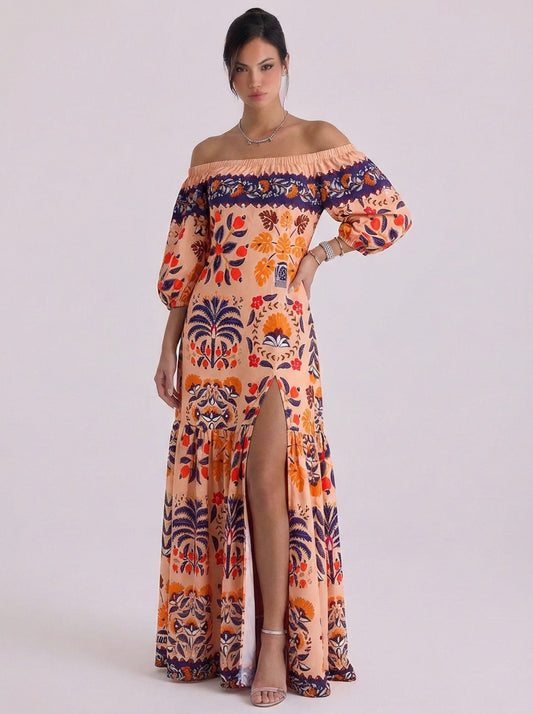 Cotton Off Shoulder Embroidered Maxi Dress With Tassel Trim