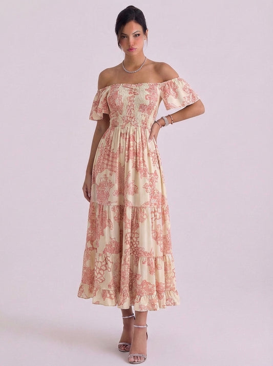 Cotton Off Shoulder Floral Maxi Dress With Smocked Bodice