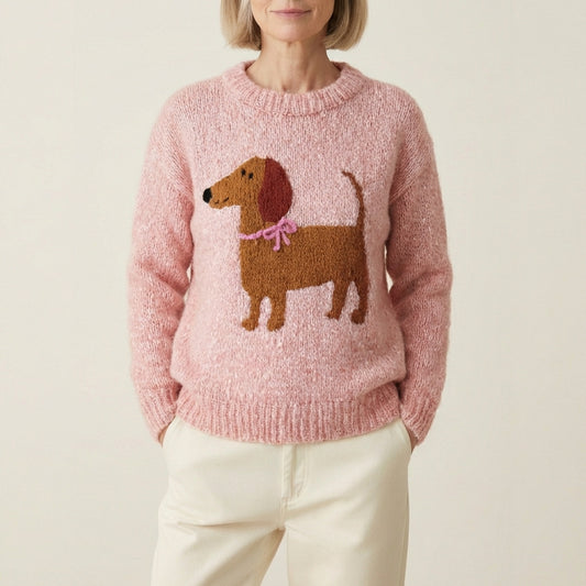 Cotton Pullover With Dachshund And Pink Ribbon Bow