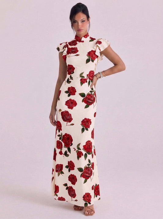 Cotton Rose Print High Neck Maxi Dress Ruffle Cap Sleeve