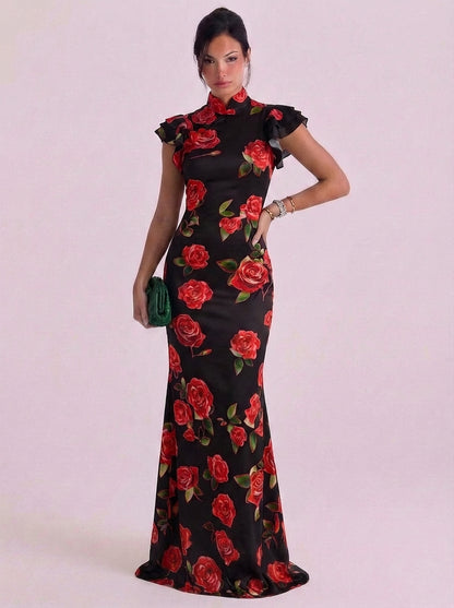 Cotton Rose Print High Neck Maxi Dress Ruffle Cap Sleeve